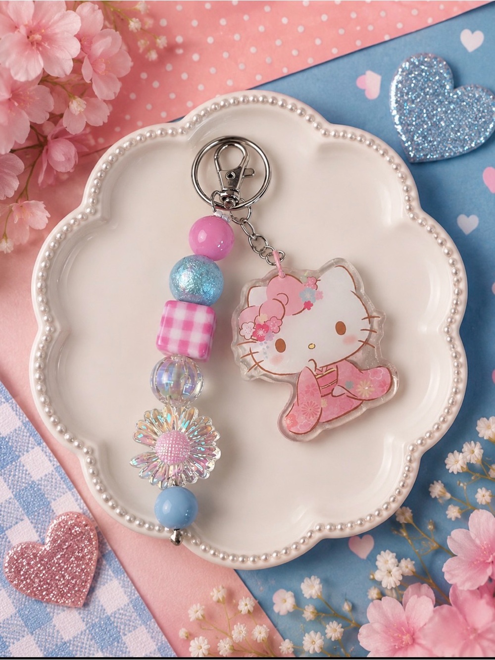 Hand Crafted Pink and Blue Kitty Beaded Keychain